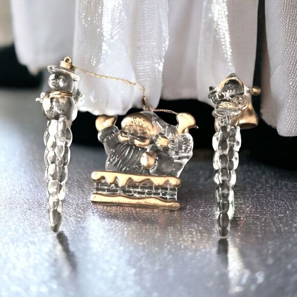 Acrylic Icicle Ornaments Lot x 3 Snowman Santa Claus Gold Trimmed Clear Lucite. - Picture 14 of 16